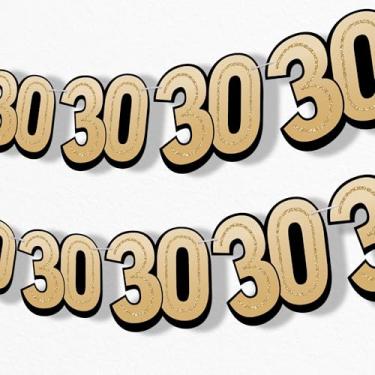 Imagem de Big Dot of Happiness Faixa de guirlanda de aniversário de 30 anos, pano de fundo de decoração de festa de aniversário preto e dourado para adultos, 7 metros de cordão, 15 formatos de idade com número