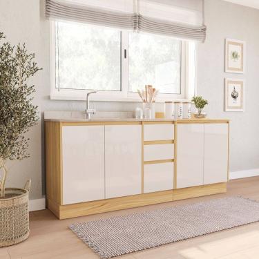 Imagem de Cozinha 2 Peças Balcão 3 Gavetas e Balcão com Tampo Campanele Nogueira/Off White