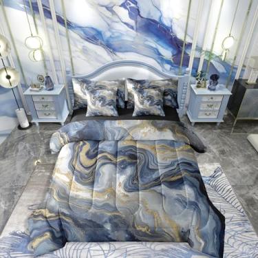 Imagem de Jogo de cama de casal de mármore com 7 peças, arte fluida de tinta, minimalista, clássico, simples, moderno, conjunto de lençol e edredom com estampa de aquarela dégradé índigo, efeito de glitter