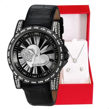 Imagem de Relógio Feminino Champion Ana Hickmann Couro Preto AH28366T Colar e Brincos