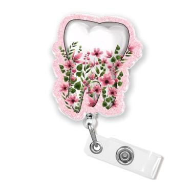 Imagem de Carretel de crachá de dente floral, 5 cm, dentista dentário, engraçado, enfermeira, estudante de enfermagem, CNA, flebotomia RN pediátrica, suporte de crachá médico, clipe retrátil, cordões de