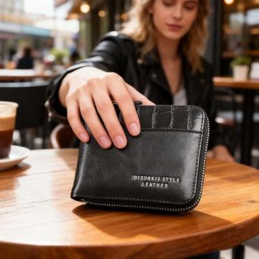 Imagem de Carteira masculina de couro genuíno com bolso e zíper dobrável com bloqueio curto (preto), Preto, Clássico