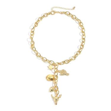Imagem de SPARKLAURA Colar com pingente de ouro para mulheres, joia ocidental, pingente de ferradura, boho, botas de caubói, chapéu, cabeça de touro, pingentes de cacto, delicados, clipe de papel, corrente e