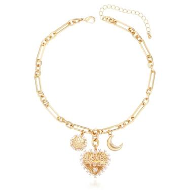 Imagem de immerFancy Colar grosso dourado com pingente de coração e lua em camadas para mulheres e homens, moderno, não mancha, aço inoxidável, clipe de papel, corrente grossa, pingente, gargantilha, colares