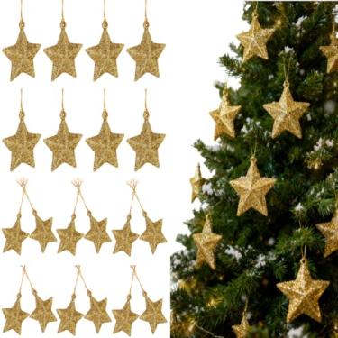 Imagem de Jojofuny 24 peças de enfeites de estrela para árvore de Natal – 5 cm x 5 cm enfeites de Natal de estrela com glitter dourado, mini pingente para decoração de árvore de Natal
