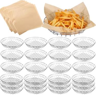 Imagem de 24 cestas de arame para servir alimentos, 24 cestas de arame para pão com 100 folhas, cesta de lanche de metal com papel absorvente de óleo para festa em restaurante