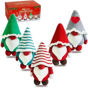 Imagem de AUGVO Kit de crochê de Natal para iniciantes, kits de crochê para adultos, kits de animais de crochê para artesanato Amigurumi com tutoriais em vídeo passo a passo, pacote com 5 gnomos