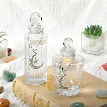 Imagem de Potchen 2 garrafas de vidro de energia lunar de 142 g com 2 correntes em forma de lua e estrela, recipiente de água espiritual com tampa para infundir intenções, limpeza de cristais, meditação e