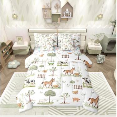 Imagem de Erosebridal Jogo de cama casal com estampa de animais de fazenda fofos, 7 peças, cavalo ovelha, vaca e porco, para crianças, rústico, casa de fazenda, lençol com árvores de animais da floresta para