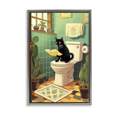 Imagem de Stupell Industries Arte de parede em tela flutuante marrom com moldura de gato lendo no banheiro, design por Andreas Magnusson, 78 x 53 cm