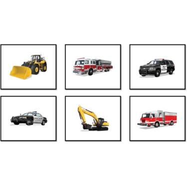 Imagem de Libemz, Impressões de pôsteres de carro de polícia escavadeira caminhão de bombeiros – conjunto sem moldura de 6 (20 x 25 cm) – decoração de quarto de meninos, pôsteres para quarto de meninos, quarto