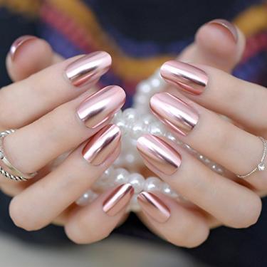 Imagem de CoolNail Unhas postiças espelhadas de metal oval, champanhe, rosa, rosa, tamanho curto, pontas de unhas de acrílico, faça você mesmo, produtos para salão de beleza, 24 peças