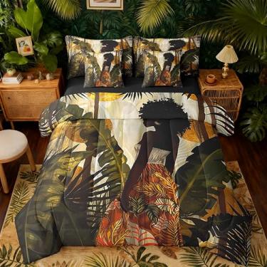 Imagem de jejeloiu Jogo de cama queen com estampa africana, estampa africana, 7 peças, palmeira, tropical, lençol de cima, lençol com elástico, fronhas e capas de almofada