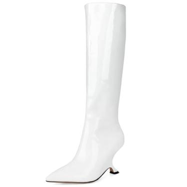 Imagem de Kluolandi Botas metálicas femininas na altura do joelho, salto plataforma escultural, com zíper e bico fino, sapatos de festa modernos, Branco brilhante, 40