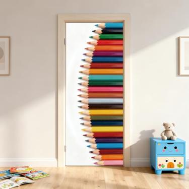 Imagem de arricraft 2 adesivos autoadesivos para porta, 80 cm x 199 cm, lápis de cor, arco-íris, murais, adesivos, PVC, papel de parede removível, decoração para quartos e sala de estar