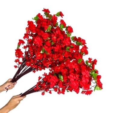 Imagem de Kit 10 a 40 Hastes De Flores De Cerejeira Artificial 65cm Flor Pessegueiro Estilo Oriental Para Decoração- Ramos de Pessegueiro Oriental para Decoração de Vaso(Vermelho,kit 10 unidades)