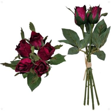 Imagem de Buquê de Mini Botão de Rosas Artificial Premium – Kit com 2 Arranjos Decorativos Realistas para Casa, Casamento e Festas(Magenta)