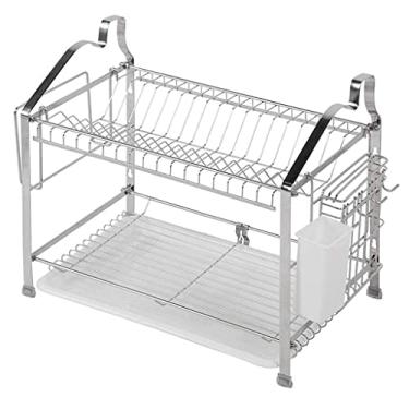 Imagem de BSNANCA Escorredor de pratos - escorredor de pratos de aço inoxidável com suporte de tábua de corte, suporte de talheres de 2 camadas, instalação sem ferramentas de grande capacidade zhuang94