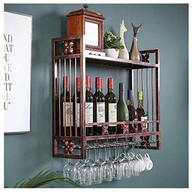 Imagem de Prateleiras de vinho rústicas montadas na parede com suporte de vidro de 6 hastes, prateleiras flutuantes de metal para pendurar para vinho, sala de estar, sala de estar, cozinha, prateleira/#2/60 cm