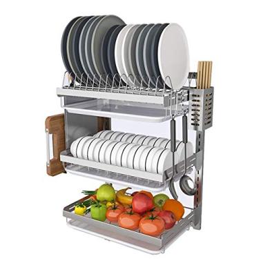 Imagem de JYXYXSCP Escorredor de pratos de três camadas de cozinha, escorredor de louça, rack de armazenamento de parede de cozinha, instalação de perfuração