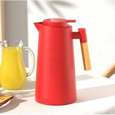 Imagem de Garrafa Térmica Inox 1L com Cabo de Madeira – Conservação Térmica Avançada para Bebidas Quentes e Frias, Design Premium para Café e Chá (Vermelho)