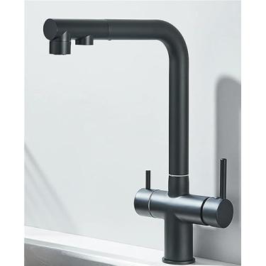Imagem de KUYBTU Torneiras de pia tipo pull-out torneira de cozinha bico duplo giratório filtro de água potável purificador de latão torneira misturadora de pia torneira quente e fria - 2 funções preto