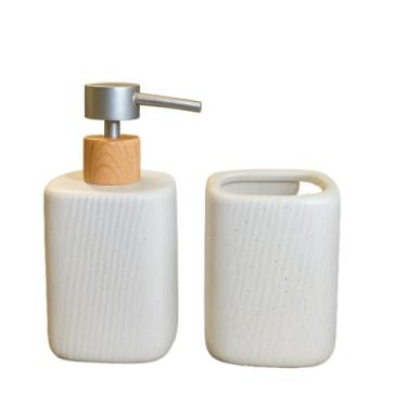 Imagem de Kit Banheiro de Cerâmica 2 Peças – Dispenser Porta Sabonete Líquido e Porta Escova de Dente | Ideal para Lavabo e Decoração Elegante(GRANITO BRANCO)