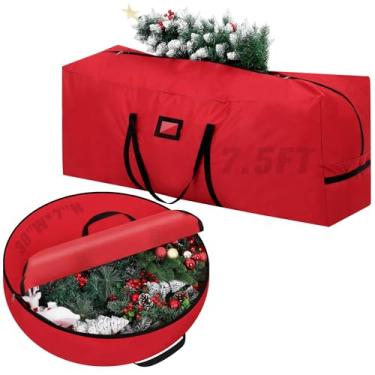 Imagem de Bolsa grande de armazenamento para árvore de Natal de 2,5 m, 2 pacotes de recipientes de armazenamento de enfeites de Natal, caixa de guirlanda de Natal resistente com alças reforçadas e zíper duplo