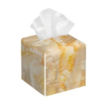Imagem de Suporte quadrado de couro para caixa de lenços de papel, impermeável, amarelo, mármore, abstrato, facial, organizador com cinto inferior, estojo de lenços para mesa, banheiro, escritório, mesa, carro