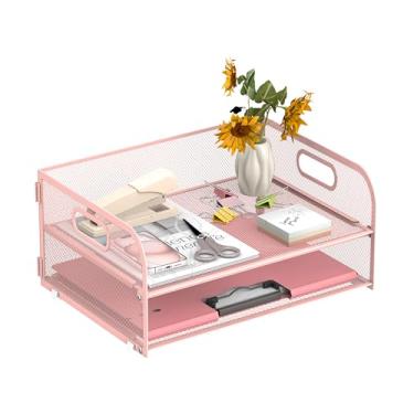 Imagem de SUPEASY Bandeja organizadora de papel de 2 camadas para mesa, organizador de papel de mesa de malha com alça para casa, escritório, material de sala de aula, rosa