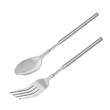 Imagem de Conjunto de 2 colheres telescópicas de garfo de 20 a 65 cm em aço inoxidável extensível para churrasco, jantar, frutas, sobremesa, presente de Ação de Graças, talheres retráteis de acampamento