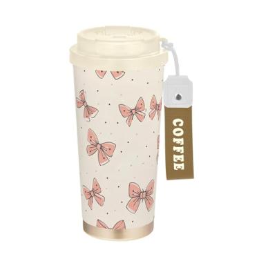 Imagem de SEHANY Linda caneca de viagem rosa com laço de bolinhas 482 g Copos de café reutilizáveis revestidos de cerâmica com tampa à prova de vazamento, parede dupla, isolamento a vácuo, copo de café de aço