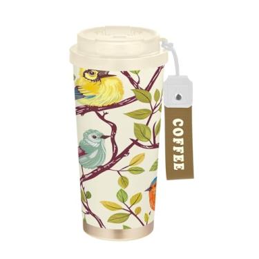 Imagem de SEHANY Caneca de viagem de pássaro colorida de 482 g Copos de café reutilizáveis revestidos de cerâmica com tampa à prova de vazamento, parede dupla, copo de café de aço inoxidável isolado a vácuo