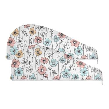 Imagem de SEHANY Toalha de cabelo de microfibra de flores coloridas elegantes para mulheres, 2 peças, turbantes de cabelo de secagem rápida com botão, touca de cabelo seco absorvente toalha de secagem de cabelo