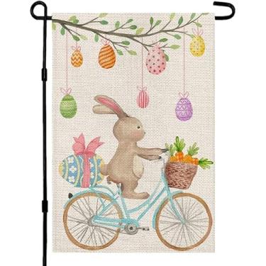 Imagem de Feliz coelhinho da páscoa bandeira de jardim 30 × 45 cm bicicleta de coelho dupla face ovos de Páscoa fora decoração de quintal de férias vertical FH07