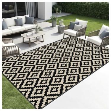 Imagem de SPXMQSS Tapetes de jardim ao ar livre, plástico reversível, grande, antiderrapante, dobrável, tapete de pátio para acampamento, deck, praia, piquenique, quintal, preto e marrom 272 x 366 cm