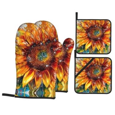 Imagem de Conjunto de luvas de cozinha estampadas de girassol com suportes de tampa, luvas de forno resistentes ao calor para manusear panelas quentes, grelhar, churrascos, kit de 4 peças.