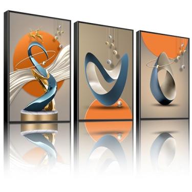 Imagem de 3 peças arte de parede abstrata moderna veado dourado linhas de folha de luxo decoração de parede pinturas branco azul cor laranja cinza pôsteres impressões para sala de estar, quarto, escritório