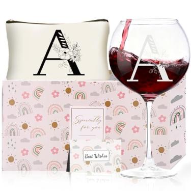 Imagem de Presentes de Natal para mulheres, taças de vinho com monograma com bolsa de maquiagem, presentes exclusivos de elefante branco de casamento para mãe, pai, irmã, professora, esposa, marido (A)
