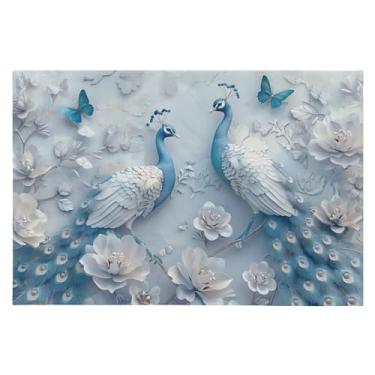 Imagem de Wassud Tapete de porta pavão azul branco 61 x 89 cm, tapete de área lavável antiderrapante com suporte de borracha, tapete macio e macio para sala de estar, quarto, entrada, entrada