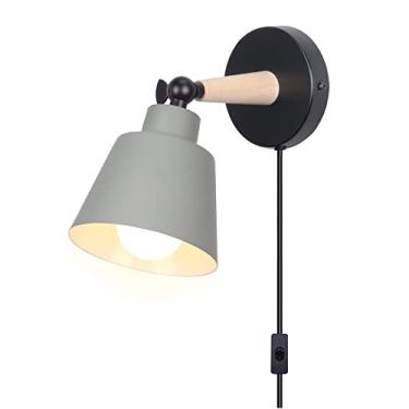 Imagem de Luminária de parede interna com plugue e interruptor liga/desliga, spots de parede ajustáveis, luminária de cabeceira de madeira para leitura, ideal para quarto, sala de estar, escritório, s