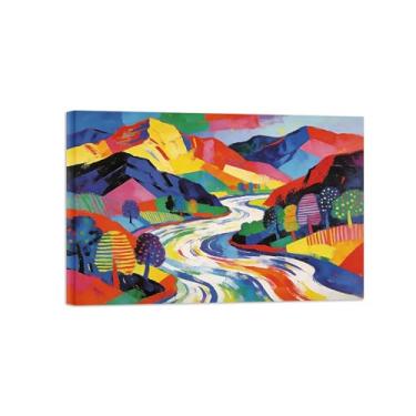 Imagem de Pintura de parede abstrata - árvore colorida do rio da montanha 3 - impressão em tela de decoração moderna para sala de estar pronta para pendurar tela emoldurada 30x45cm12x18in