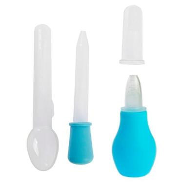 Imagem de Kit de cuidado para bebê com 4 peças composto de sugador nasal, escova dental de dedo, colher medidora e conta gotas (azul)