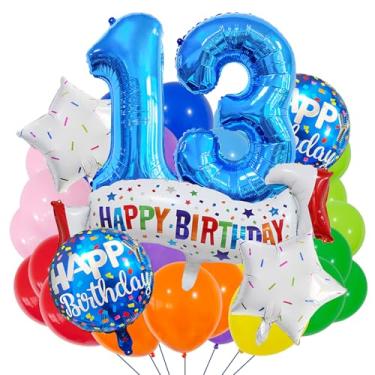 Imagem de Conjunto de decoração de 13 anos, conjunto de decoração de aniversário de 13 anos azul colorido feliz 13º aniversário balão para meninas, meninos, crianças, adultos, artigos de festa, decoração de