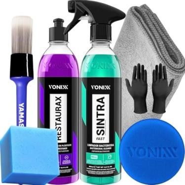 Imagem de Kit Produtos para Limpar e Hidratar Painel Plasticos Borrachas Sintra Fast Restaurax Pincel Aplicador Pano Luva Vonixx