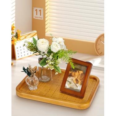 Imagem de Bandeja de servir de madeira, bandeja de vime retangular para mesa de café, sala de estar, bandejas decorativas de tecido para servir cestas de vime para organizar e decorar a casa, com 6 tapetes de