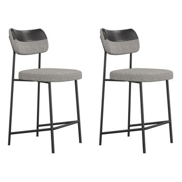 Imagem de Kit 02 Banquetas Médias Cozinha Lila Com Encosto Couríssimo Preto Linho Cinza - Desk Design