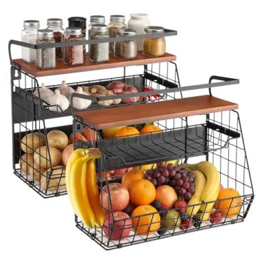 Imagem de Vicenpal 2 conjuntos de prateleiras magnéticas para geladeira com tampa de madeira, prateleira de tempero multifuncional de 3 camadas e cesta de frutas e legumes, organizador de despensa para armário