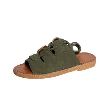Imagem de Sandália feminina de bico redondo com tira no tornozelo 2 cm sola confortável verão casual praia calçado, Verde militar, 36