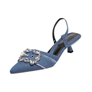 Imagem de Sandálias femininas de salto alto vazadas de strass de bico fino para uso casual e versátil primavera verão moderno calçado de lazer ao ar livre inclui caixa de sapatos, Azul royal, 38